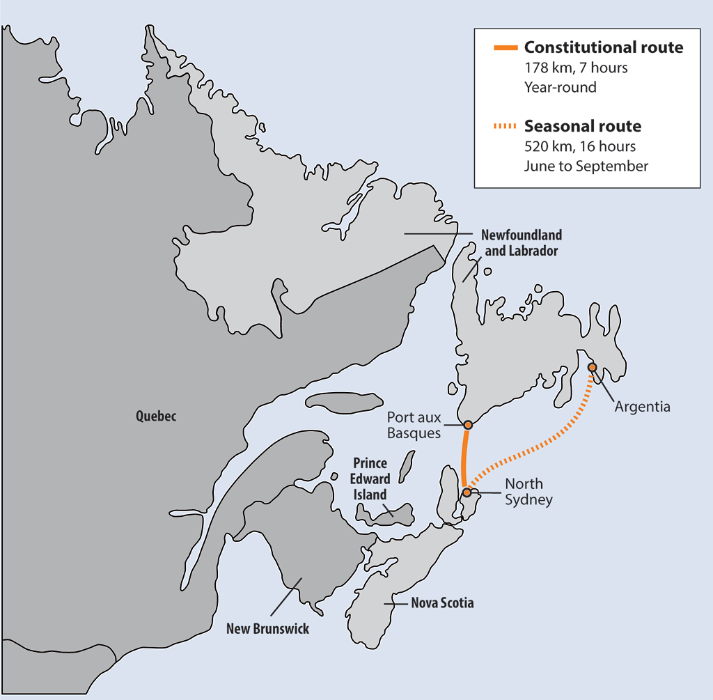 Map showing the year-round and seasonal sailing routes of Marine Atlantic Inc.