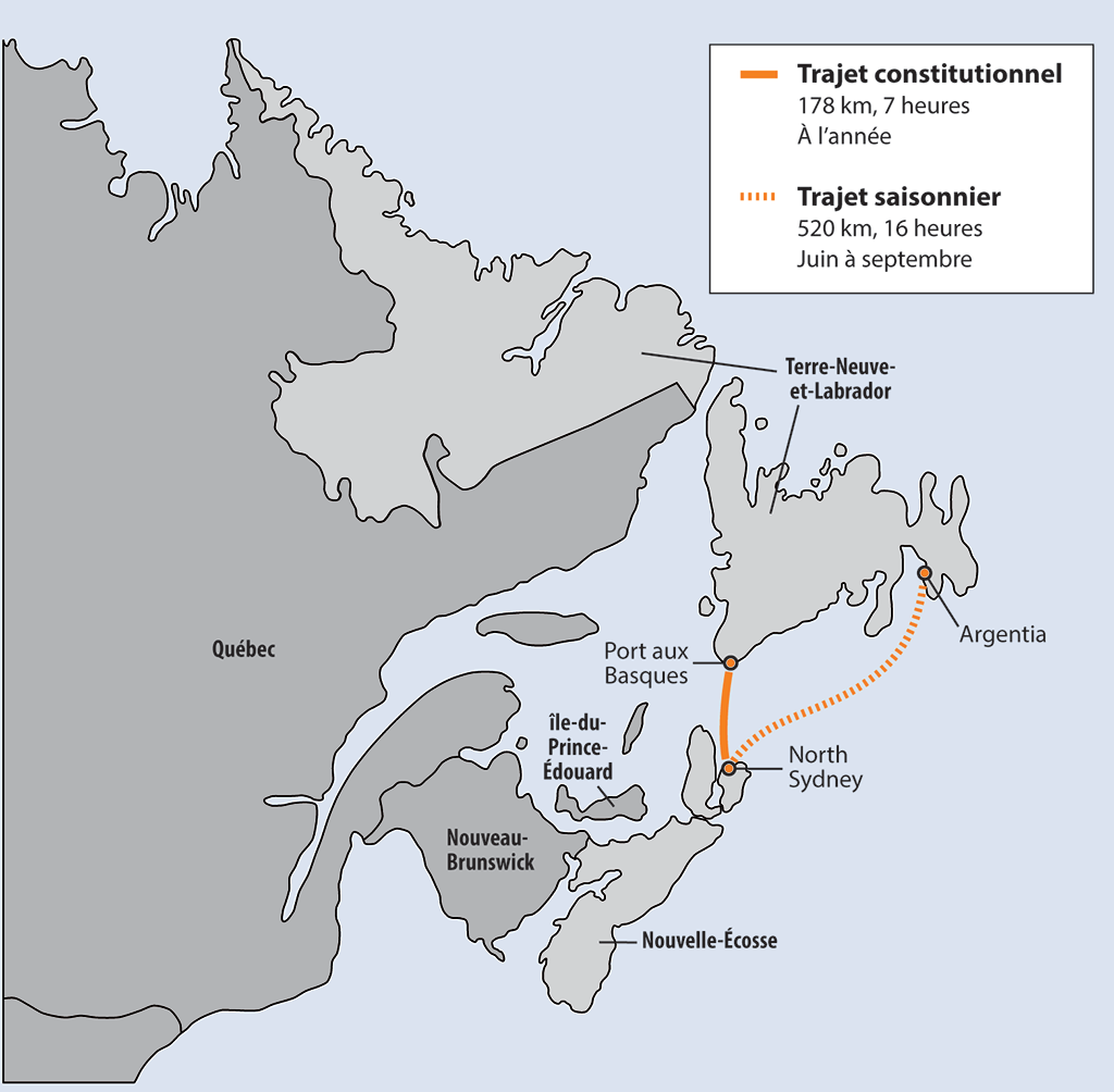 Carte montrant les trajets en traversier à l’année et saisonnier de Marine Atlantique S.C.C. Carte montrant les trajets en traversier à l’année et saisonnier de Marine Atlantique S.C.C.