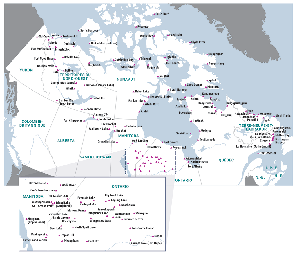Carte du Canada illustrant l’emplacement des collectivités admissibles au programme de subventions Nutrition Nord Canada