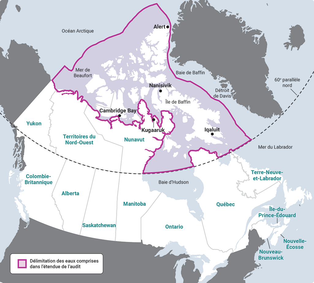 Carte du Canada illustrant les eaux arctiques comprises dans l’étendue de l’audit