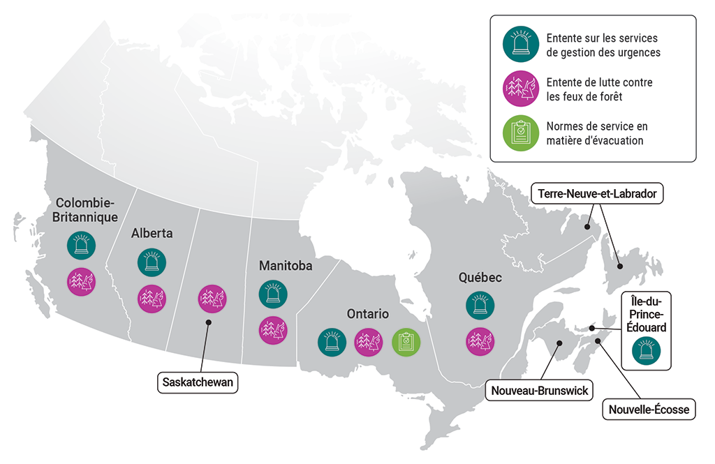 Une carte du Canada montre les provinces où Services aux Autochtones Canada a établi des ententes et des normes sur la gestion des urgences.