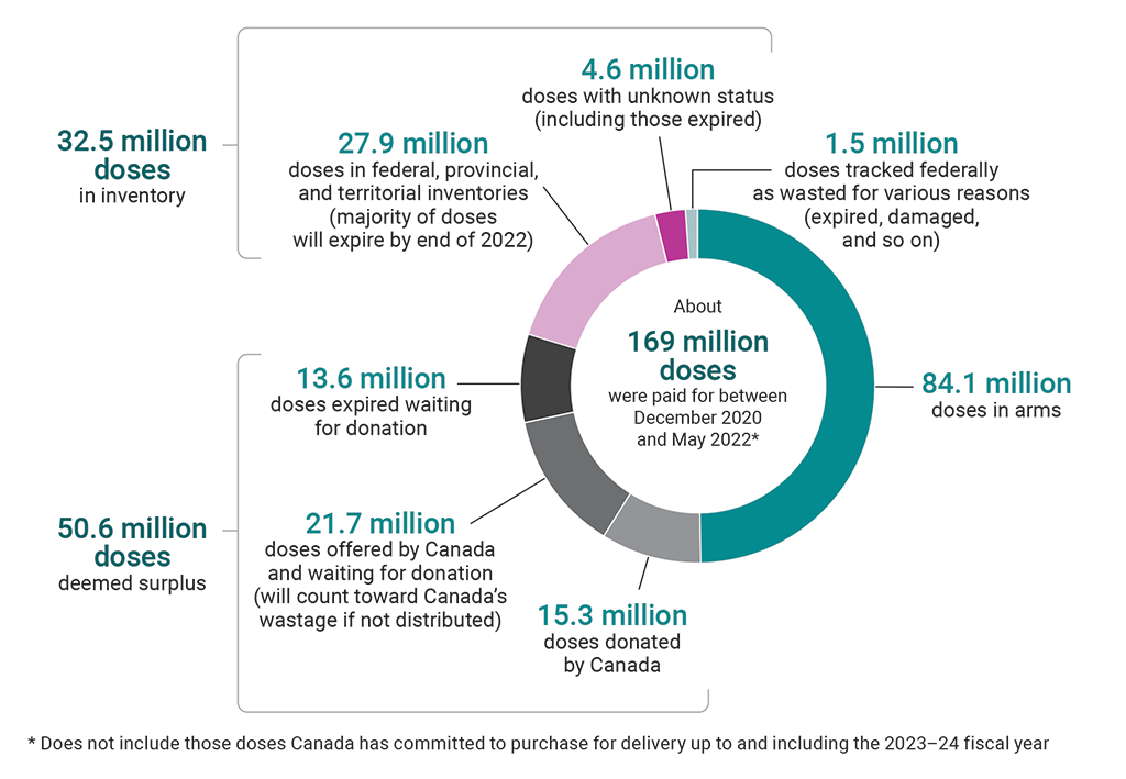 Pie chart showing the breakdown of the 169 million vaccine doses delivered between December 2020 and May 2022