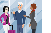 Illustration showing an airport worker standing next to and directly addressing traveller Bianca, whose sign-language interpreter stands across from her