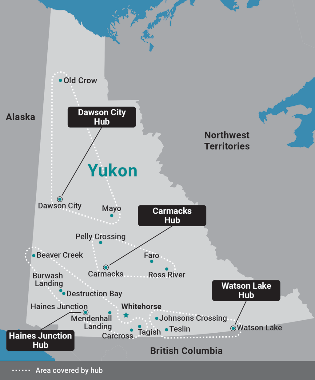 Map of Yukon, showing the rural communities served by 4 Mental Wellness and Substance Use hubs